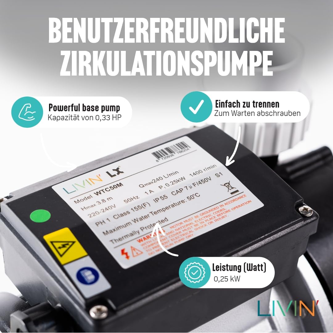 LIVIN' LX WTC50M Spa poolpumpen - Spa umwälzpumpe & Whirlpool Zirkulationspumpe 0.23kw/ 0.3HP - Pool Filterpumpe 240L/ Min Poolpumpe Über Dem Boden - Wasserkreislaufpumpe Mit 230 V/ 50 Hz & Kein Lärm