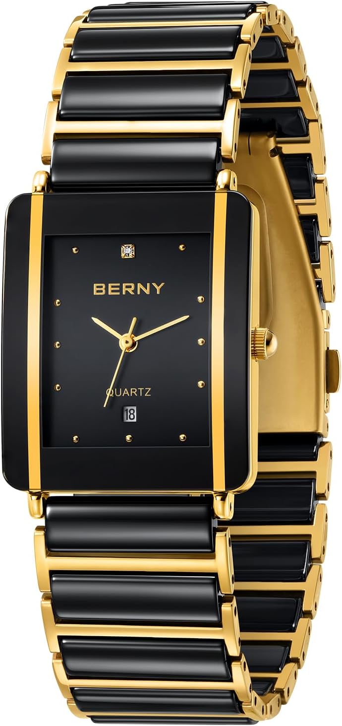 BERNY Men Analogue Black Band Quartz Watches Ceramic Bands Watch Rectangular Wristwatch Valentines Gift Lovers, Black, Quartz Watches,Quartz Movement