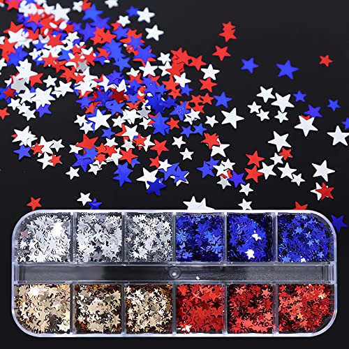 2 Boxes Star Nail Glitters, Red Blue Silver Star Nail Art Glitter Sequins, Mixed Star And Hollow Star Nail Flakes, 4Th Of July Nail Art Decorations #TOP3