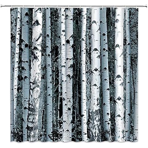 MNSC Birch Shower Curtain Birch Tree Forest Black Blue Abstract Trunk Spring Scenery Nature Branches Grove Botany Seasonal Decor Fabric Bathroom Fabric Bathroom Curtain with Hooks,Grey Blue Cover