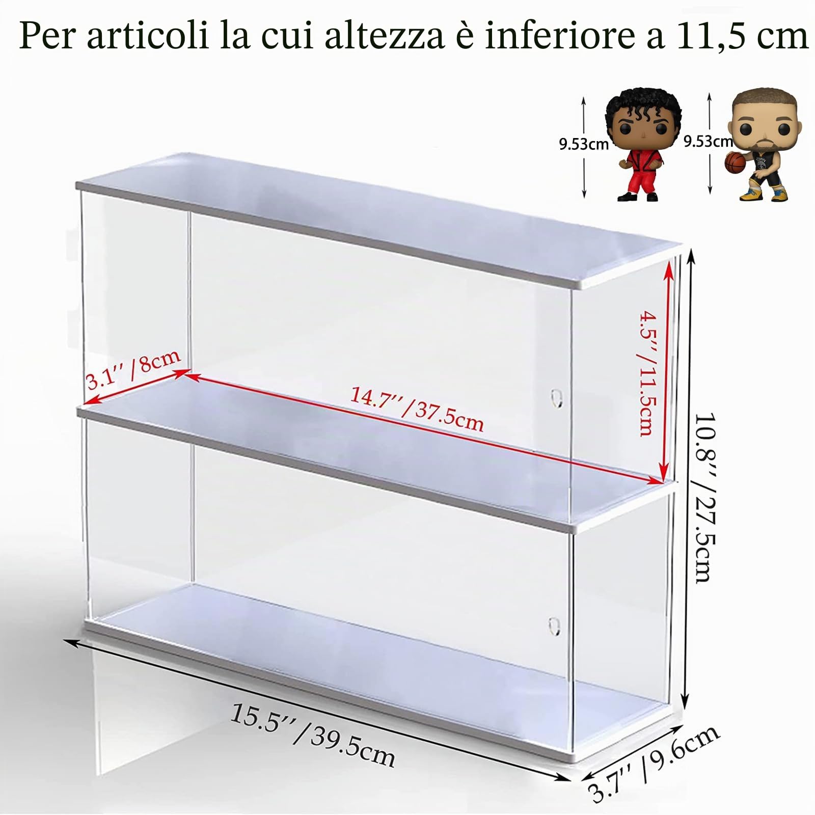 Vetrina Espositiva per Funko Pop Figura 11.5cm per LEGO Minifigures Collezionismo, Teca Plexiglass Vetrinetta Acrilico Trasparente per Popmart 2 Strati con Porta con Led, Base Bianco 39.5x9.6x27.5cm