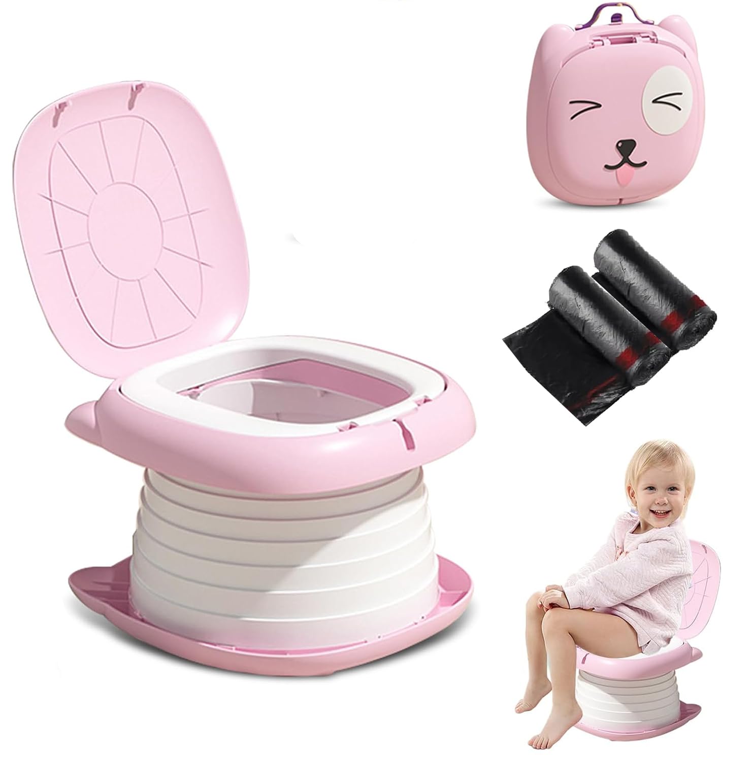Baycat Boys Pink Travel Potty For Toddlers, 3-In-1 Portable Foldable Training Toilet Seat With Disposable Bags, Kids Potty Chair For Indoor, Outdoor & Car Journeys (Baby /Girl) (Pink)