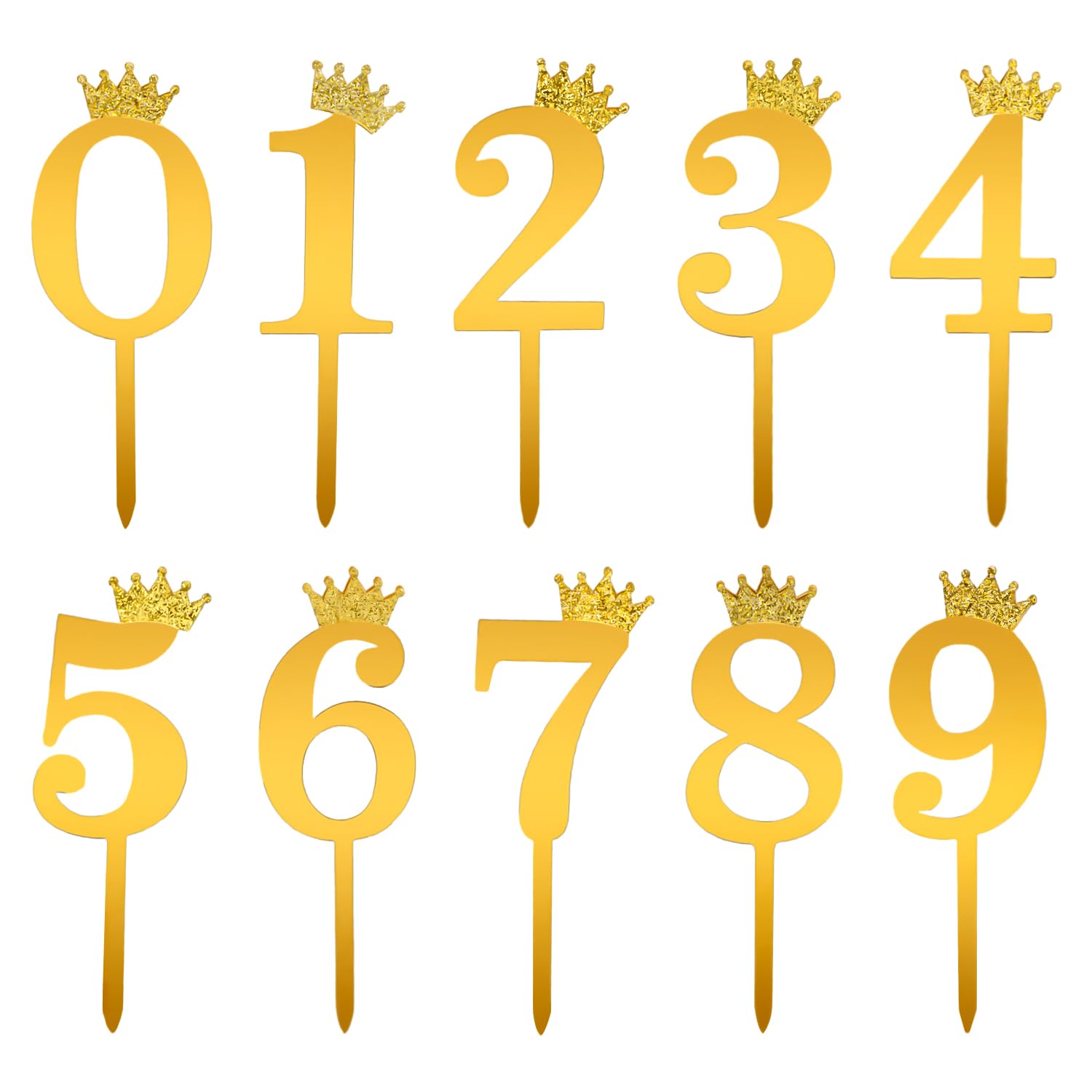 10pcs 0-9 Number for Cake Topper, Acrylic Crown Number Cake Topper Number Cake Picks for Birthday Wedding Anniversary Celebration Cake Decorations (Gold)