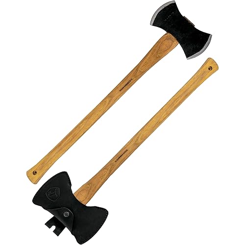 Condor Tool & Knife Double Bit Michigan | Solid Felling Axe with Handcrafted Welted Leather Sheath | 1060 High Carbon Steel Wood Axe with a Burnt American Hickory Handle | 7.1in Blade | 48oz