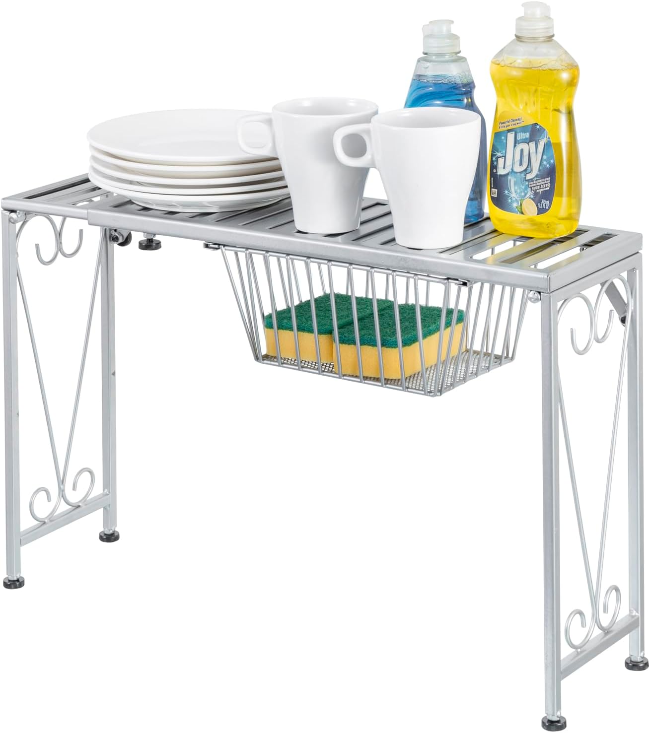 MyGift Silver Metal Over The Sink Organizer Shelf with Pull Out Drawer, Expandable Kitchen Caddy Rack, Bathroom Storage Shelf Riser with Scrollwork Design