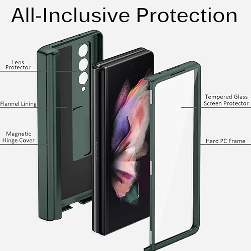 Miniatura 5 de Miimall Funda compatible con Z Fold 3 con soporte para bolígrafo, protector de pantalla Z Fold 3, aleación con función atril magnética, bisagra