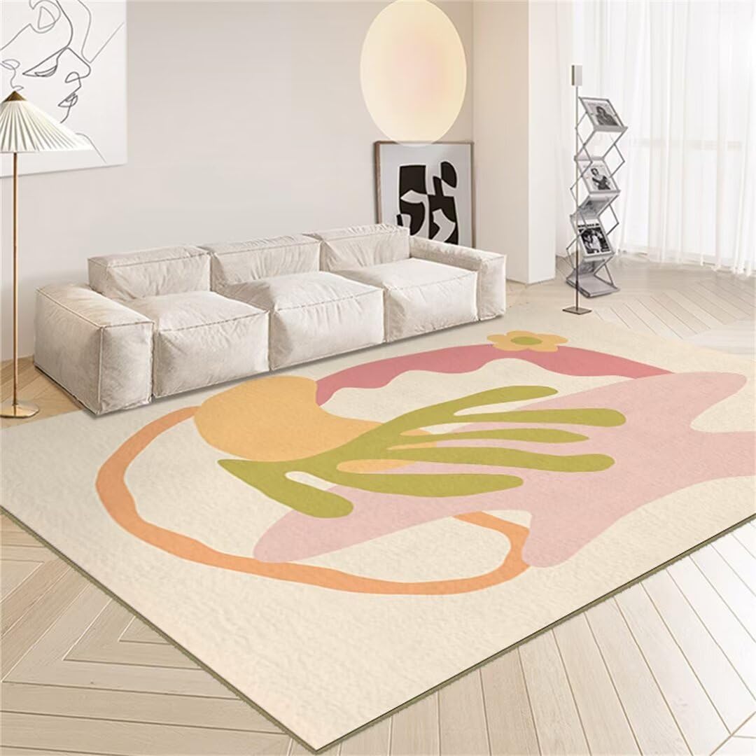 Tapis de salon lavable 180x250cm beige et vert doux à poils courts
