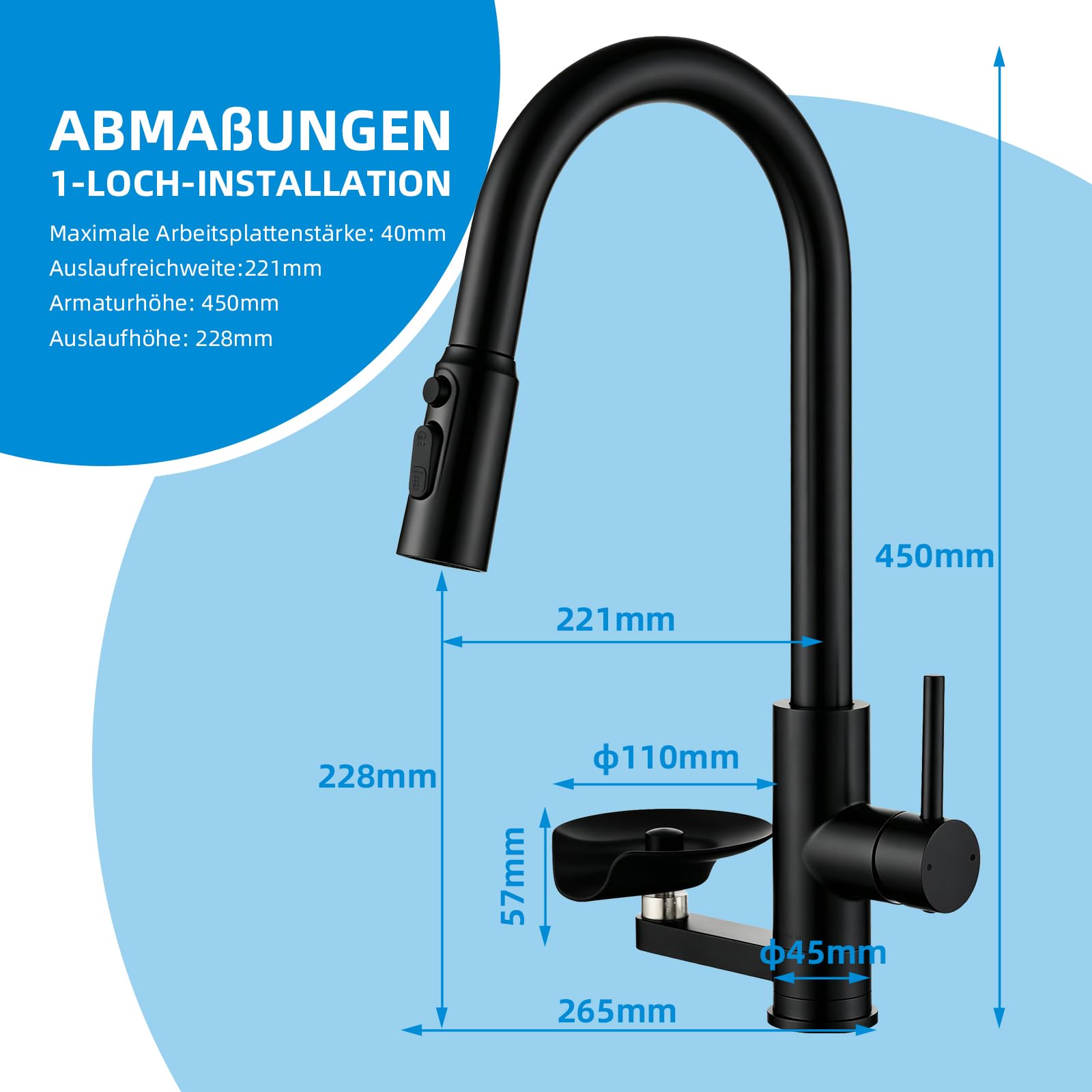 Küchenarmatur Wasserhahn Küche Glasspüler, Ausziehbar Dual-Auslauf Schwarz | Mischbatterie Küche Mynaiad mit Glasspüler Ausziehbar Armatur,360°-Drehung, Dual-Auslauf 304 Edelstahl gebürstet für Küche