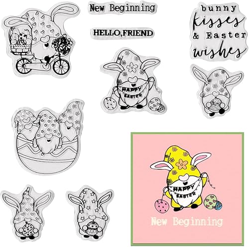 Threetols Sellos transparentes de gnomos de Pascua para hacer tarjetas, sellos de goma transparente, sellos de palabras de conejito de flores para