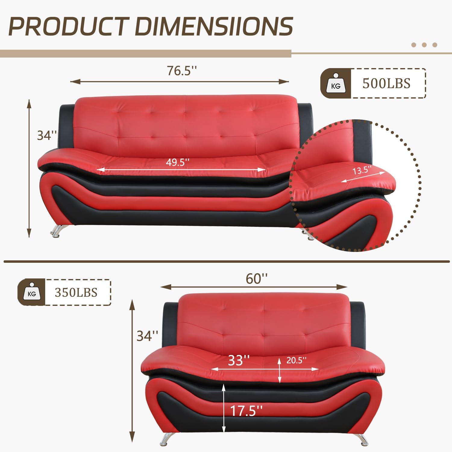 Faux Leather Sofa Set for Living Room, 2 Piece Living Room Furniture, Modern Couch Set with 3-Seater Couch and Loveseat (Red&Black, Sofa+Loveseat)