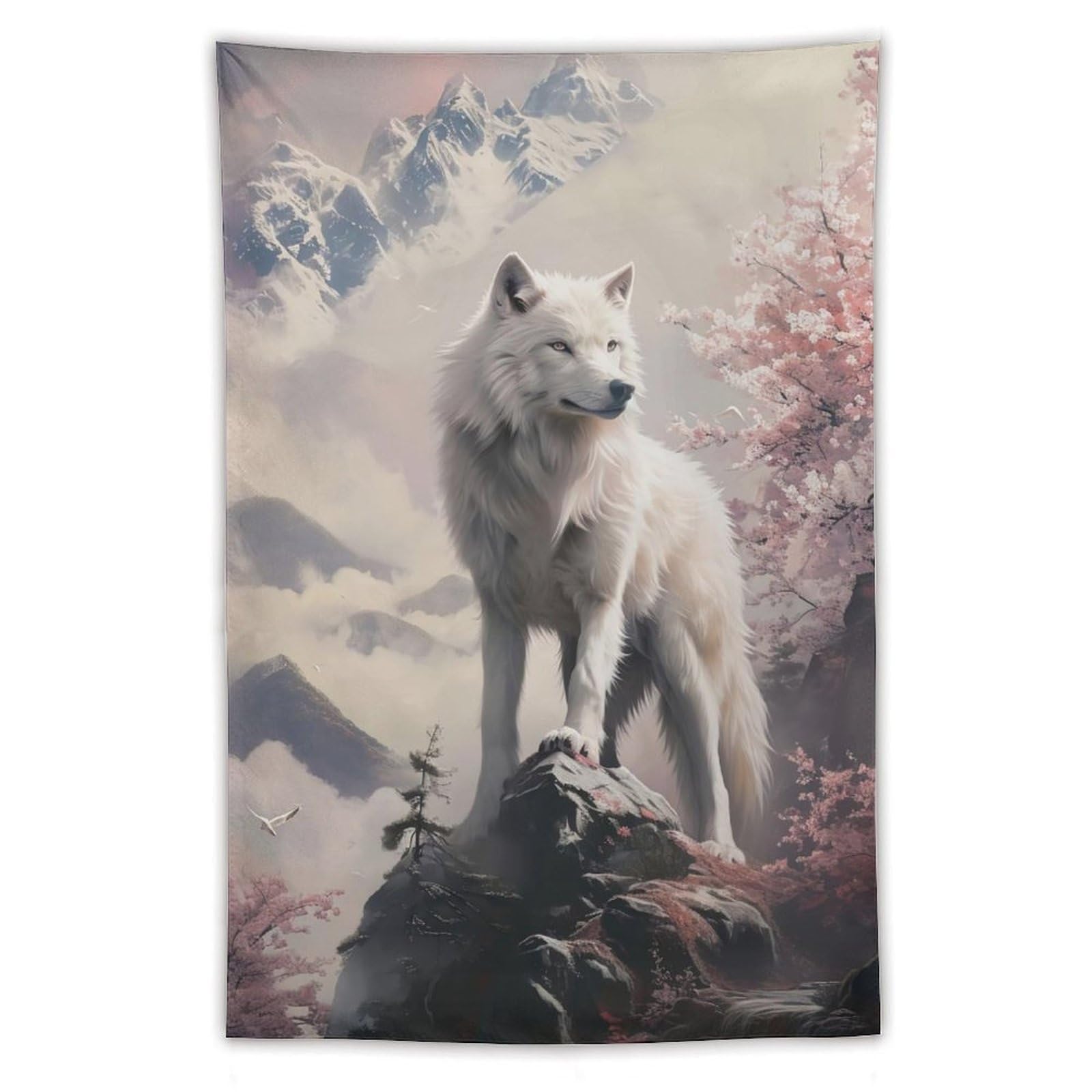 FeoYoed Tapestry Wall Hanging Aesthetic Decoration For Bedroom Living Room Wall Art Tapestries White Wolf Mountain Fog Cherry Blossoms 40"x60"