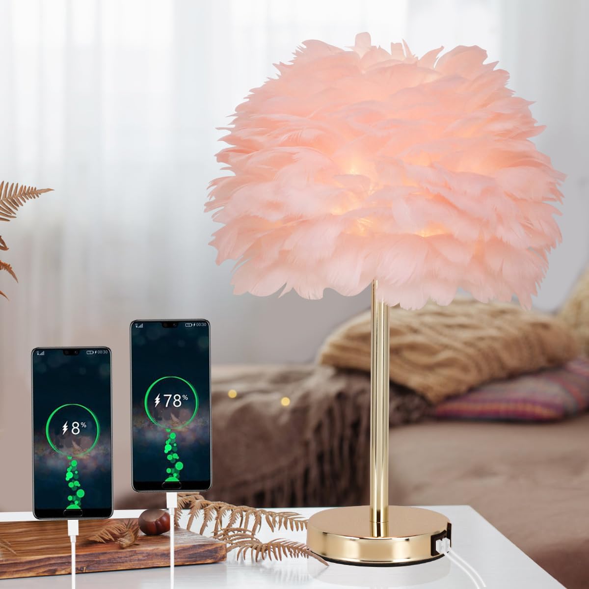 Amazon.co.jp : ZYLEIESENBAO ピンクフェザーテーブルランプ USB充電器  