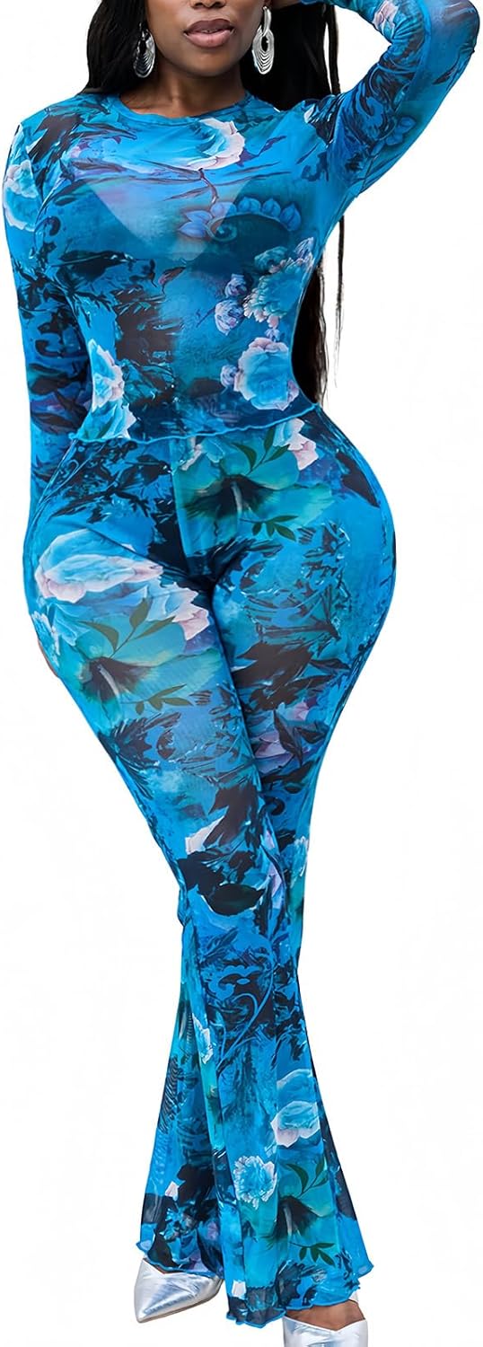 Ophestin Sexy Two Piece Club Outfits for Women Print Mesh See Through Long Sleeve Top Flared Bodycon Pants Set