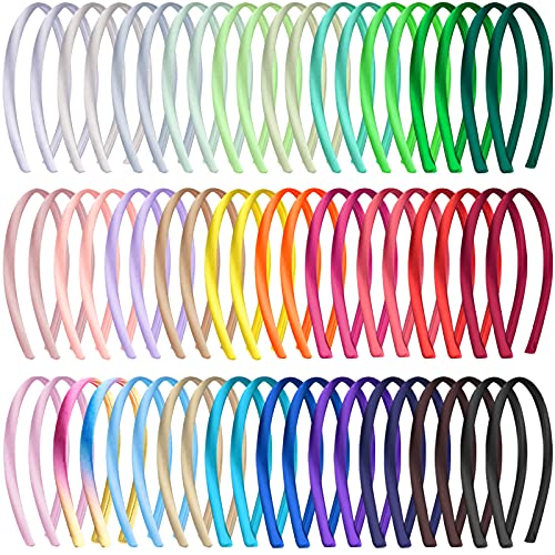 Duufin 60 Pieces Satin Headbands for Girls Headbands 1cm Satin Covered Plain Headband Colorful DIY Headband, 30 Colors