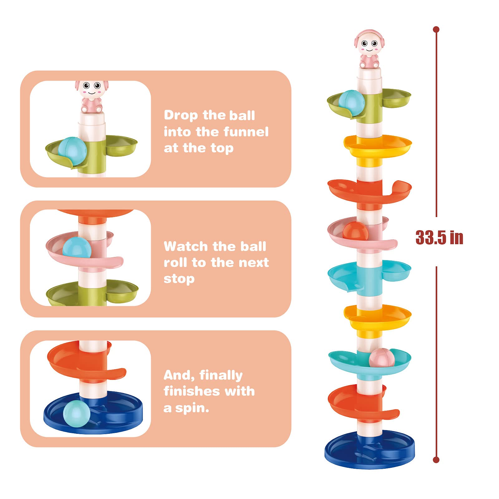 Juguetes de bolas para niños pequeños de 1 a 3 años, torre de bolas de 9 capas con 3 bolas, rampa de carreras de bolas para el desarrollo de aprendizaje del bebé, actividades 3