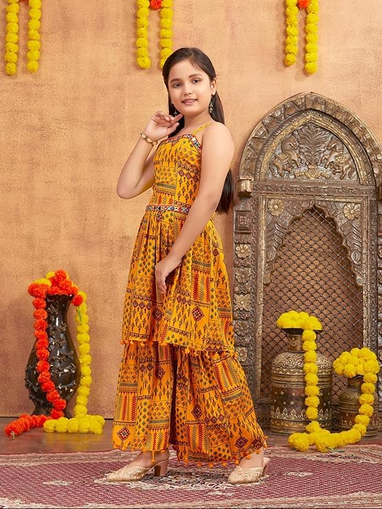 Girls' Printed Sleeveless Maxi Dress, Yellow and Red Ethnic Wear Mirror Lace Polyester Kurti Sharara Set3