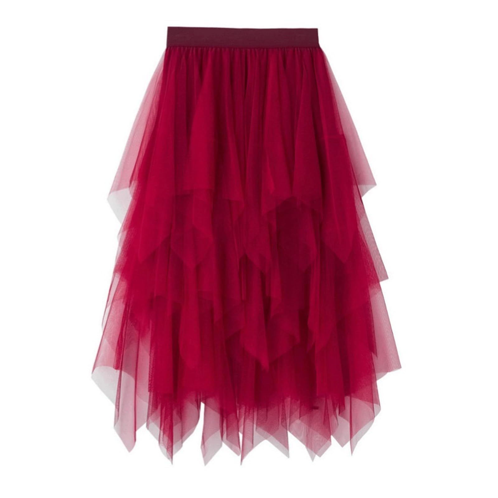 DUddTTW Irregular Women's Midi Skirt Mesh Midi Length Flowy Skirt Elastic Waisted Swing Skirt Slimming Maxi Skirts Ankle Length Skirts(Winered)