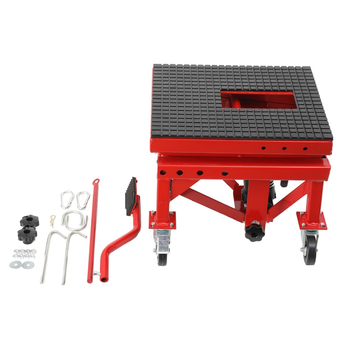 Sollevatore Idraulico per Moto con Pedale, Cavalletto Centrale a Pantografo per Moto, ATV, Enduro – Regolazione Altezza 350‑905 mm, Carico Max 158 kg, con 4 Ruote e Rotelle Universali