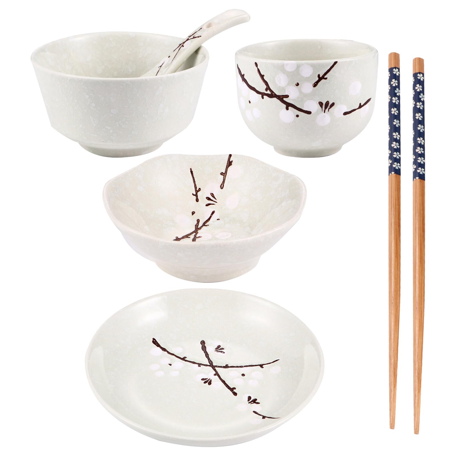 Service de Table Japonerie Complet Personne 6 Pièces en Céramique et Bois Ensemble Vaisselle Bol Assiette Cuillère Baguettes
