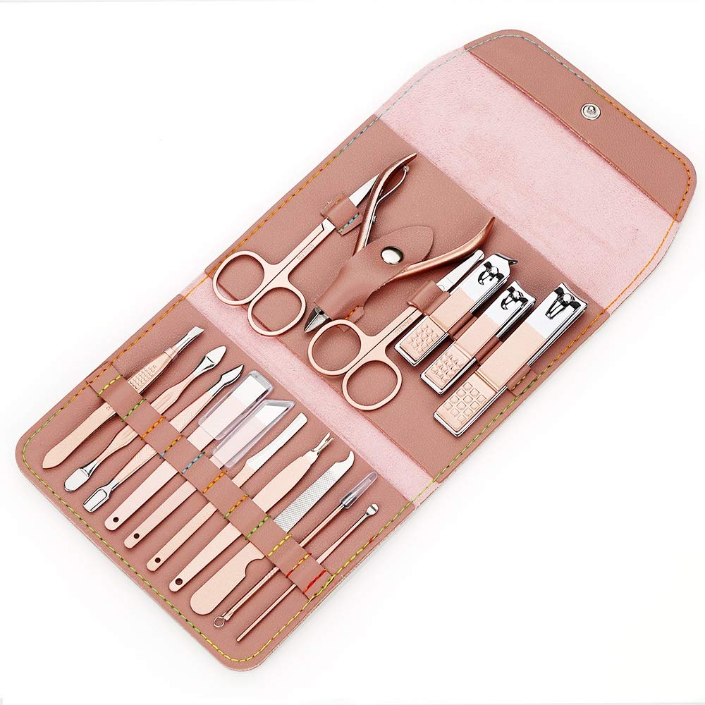 Juego de Cortaúñas Manicura 16pcs / set Rose Gold Nail Clipper Set Professo de acero inoxidable tijeras de uñas Scissors Clipper Tweeer Tools Family Foot Hand Care Set para el Cuidado Personal y la Be