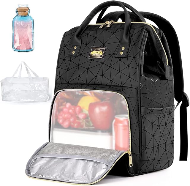 Lekesky Laptop Lunch Backpack, Laptop Rucksack Bag for Women Men,15.6" Laptop Backpack PU Leather Backpack with an Insulated Compartment, a PVC Lunch Bag and an Ice Bag,Black