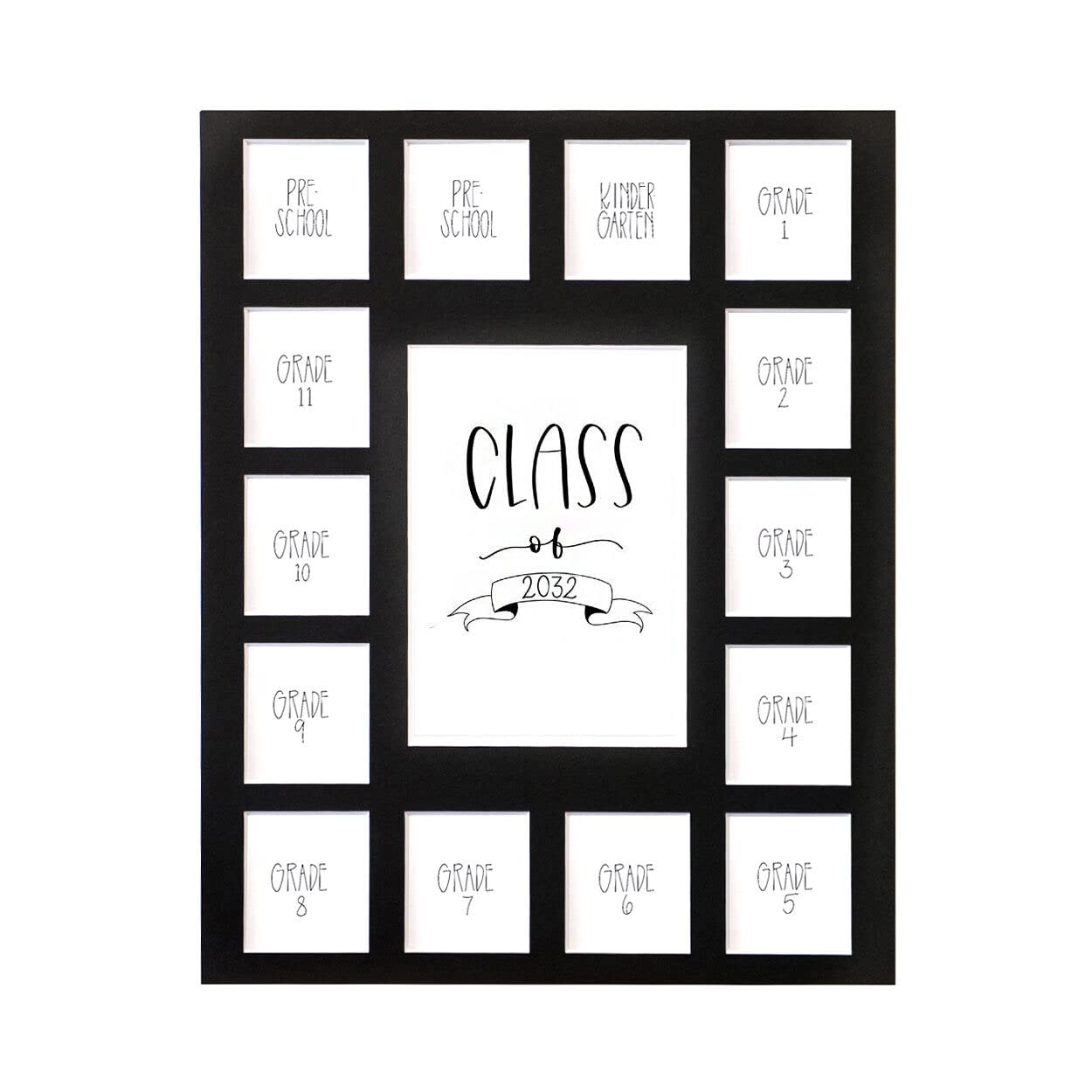 Rustic Red Door Co. Class of 2032 Photo Mat (11" x 14") Photo Collage Picture Frames Mat for School Pictures - No Frame Black Photo Mat from Pre - K to Graduation (15 Photos)
