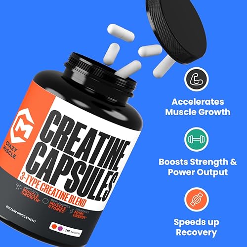 Miniatura 2 de Crazy Muscle Cápsulas de Creatina, 5g de Ganador de Masa a Granel Pre Entreno ThreeAtine Premium 3X, Alta Absorción Fácil de Tomar Monohidrato de