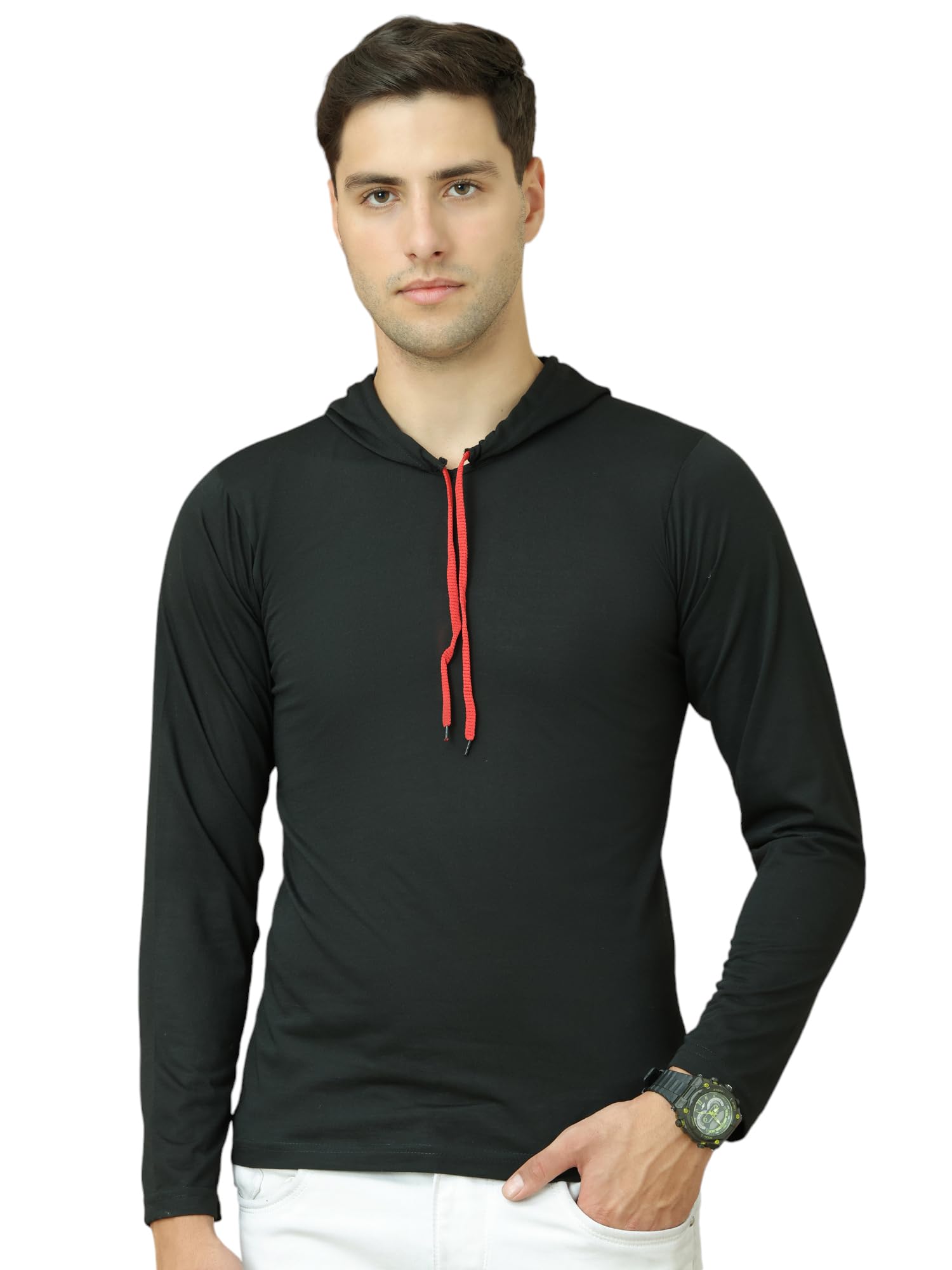 Cotton Blended Regular Fit Full Sleeve Hooded Neck T-Shirts for Men's-image-29