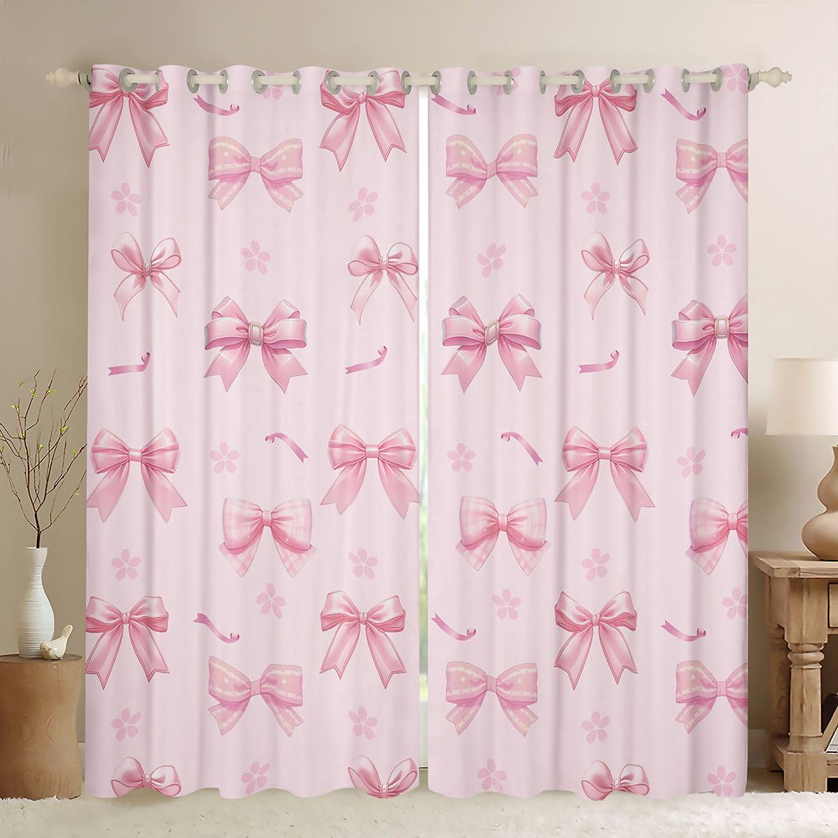 Homewish Wstążka kokardka różowa zasłony okienne, 117 x 183 cm, 2 zestawy paneli – marzycielska księżniczka zasłony zaciemniające, , kokarda, zasłony okienne, kwiat wiśni do sypialni