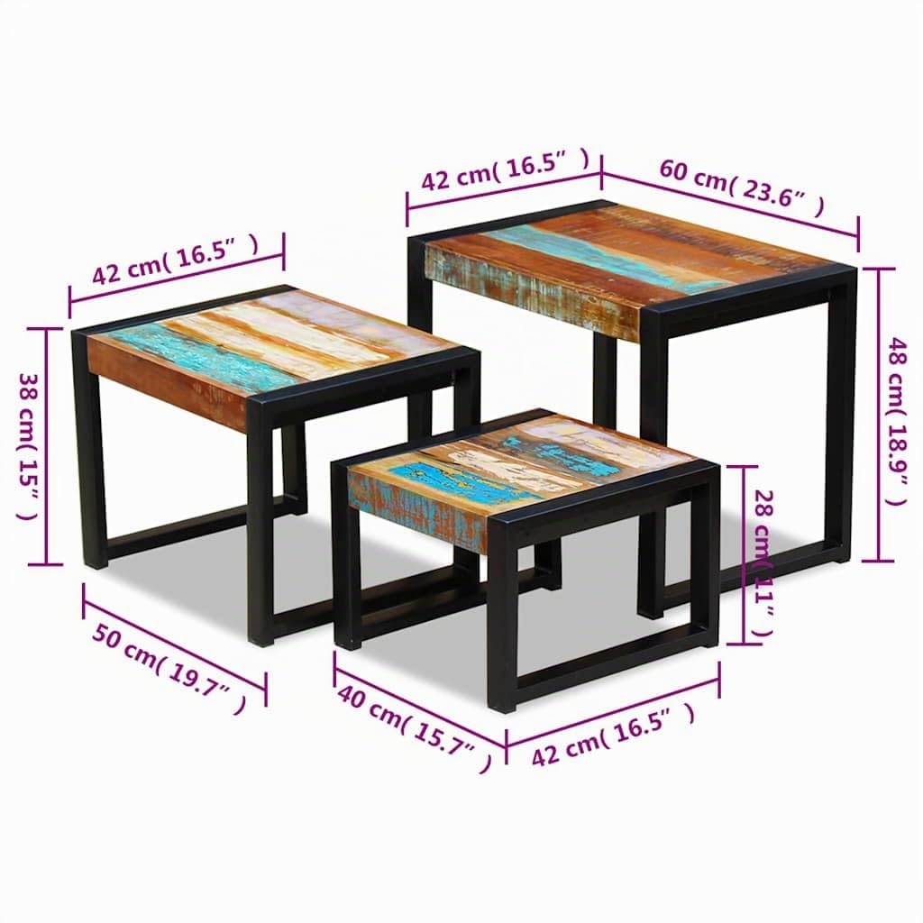 vidaXL Set de 3 Mesas Auxiliares Anidadas Madera Maciza Reciclada Mesita Nido