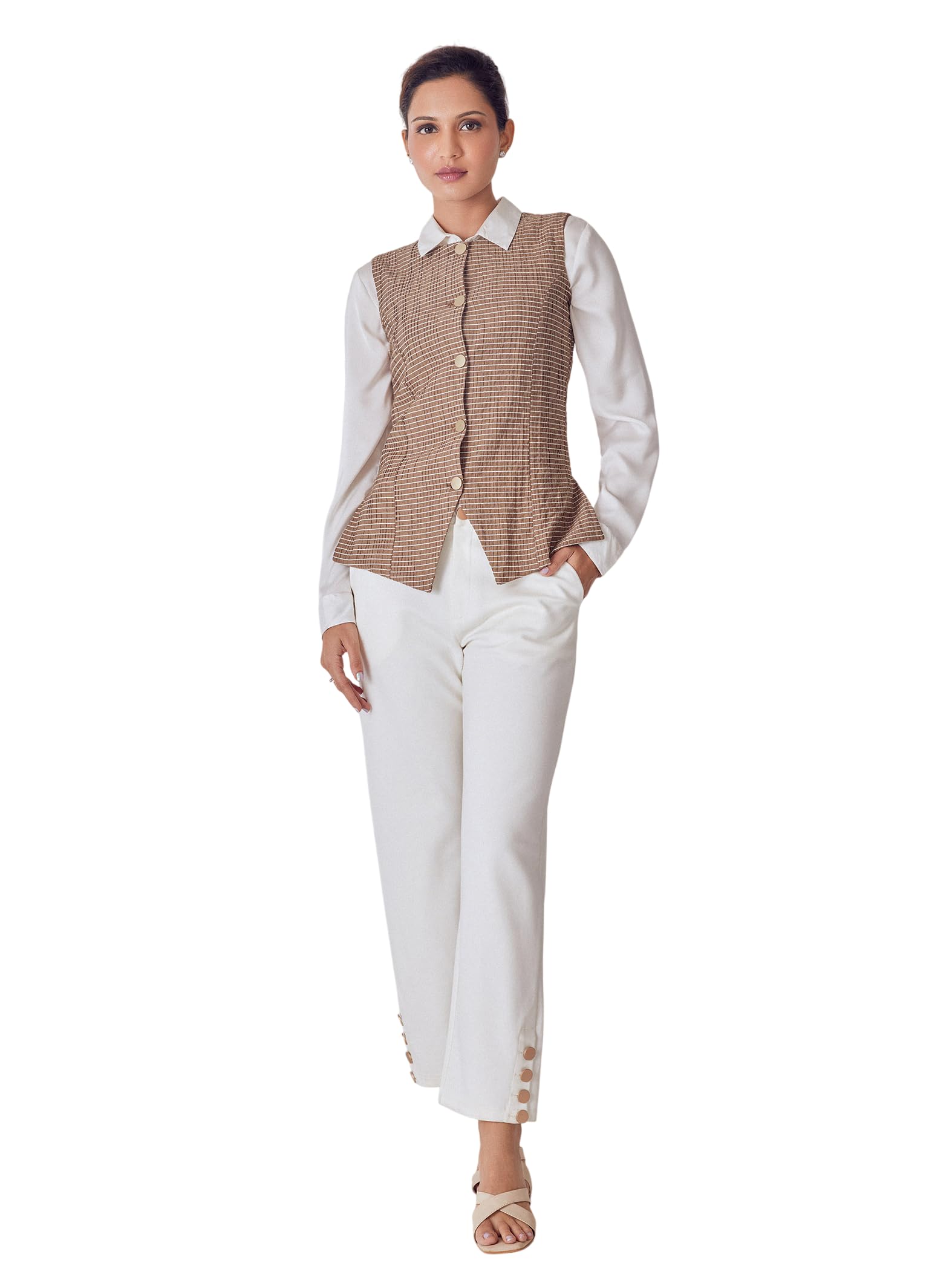 the label life Polyester Cocoa Striped Waistcoat for Women | Stylish Elegant Comfortable Slim Fit Striped Western Outfit Waistcoat-picture-28