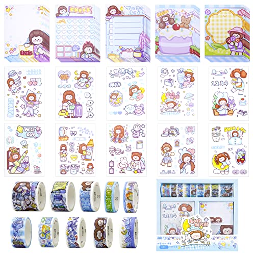Kawaii Washi Tape Lot de 10 rouleaux de papier peint, 10 feuilles d'autocollants, 30 feuilles de papier mémo, mignons filles, bricolage, décoration pour scrapbooking, journal intime, album photo Cover