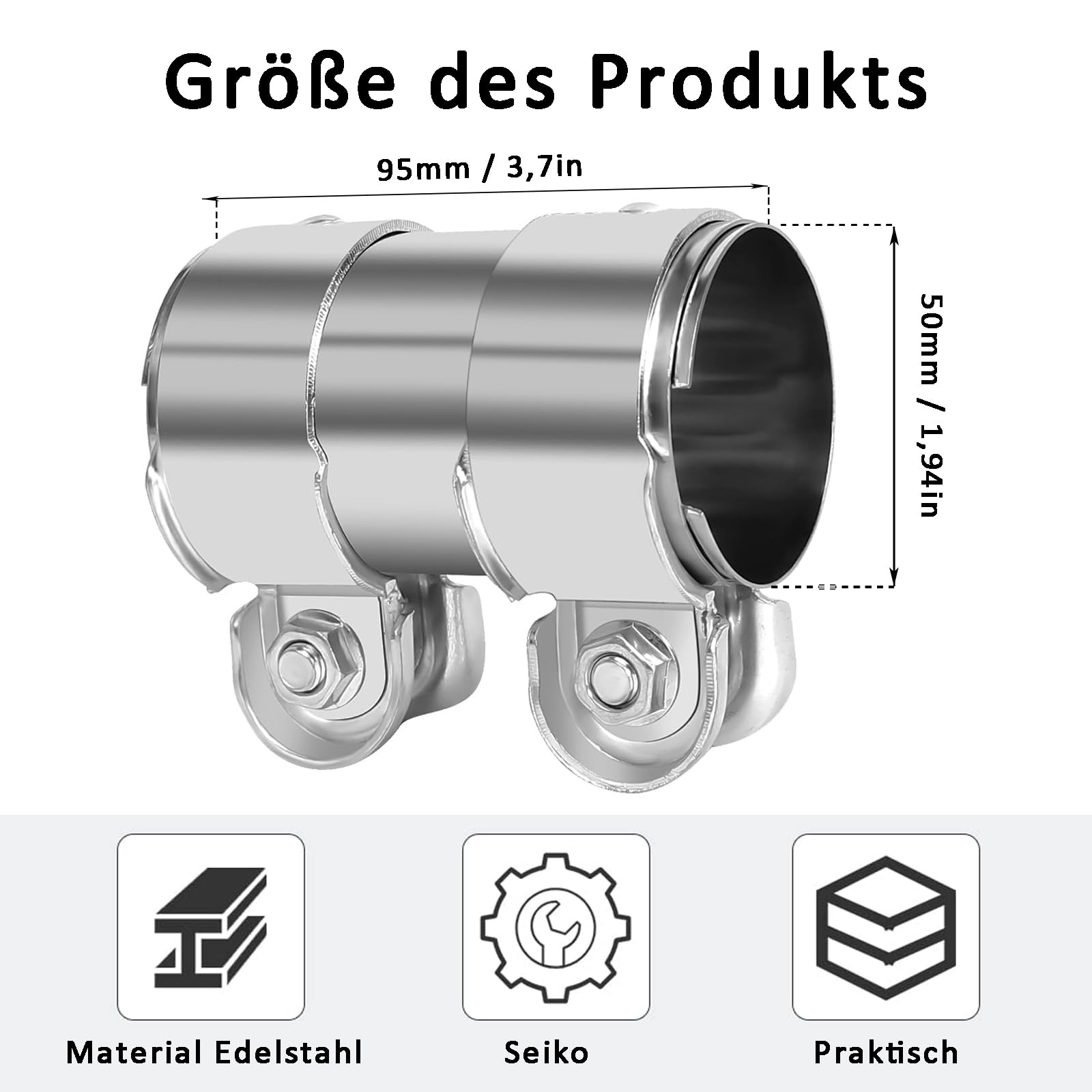 Obejma do rury wydechowej 50 x 95 mm, uniwersalna obejma ze stali nierdzewnej, zaciski do rury wydechowej z podwójną klamrą, układ wydechowy, złącze, kolor srebrny