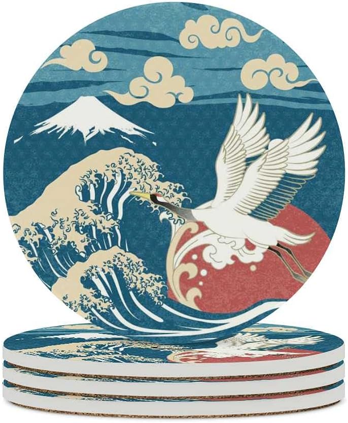 Absorbent Ceramic Coasters for Drinks Set of 4 Japanese Traditional Crane Mount Fuji Red Sun Blue Funny Bar Decoration Quick-Drying Absorbent Coaster Cup Mats With Cork Base 3.9 Inch Housewarming Gift image 2