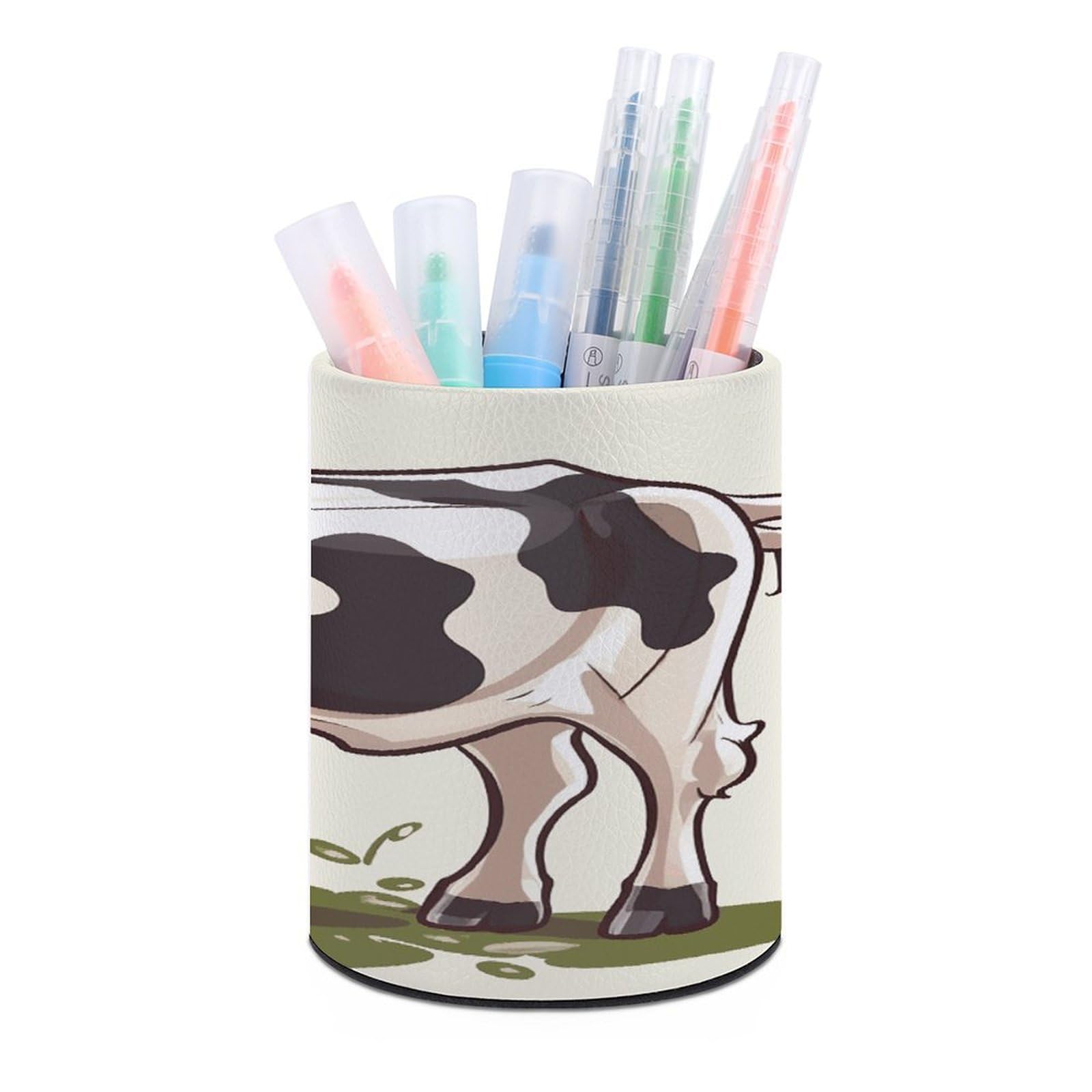 FekiLoot Dairy Cow Pen Holder Cup Fashion PU Leather Pencil Cup Minimalist Pen Organizer Round Pencil Holder Stand Work Locker Accessories for Decoration Desk Office Home