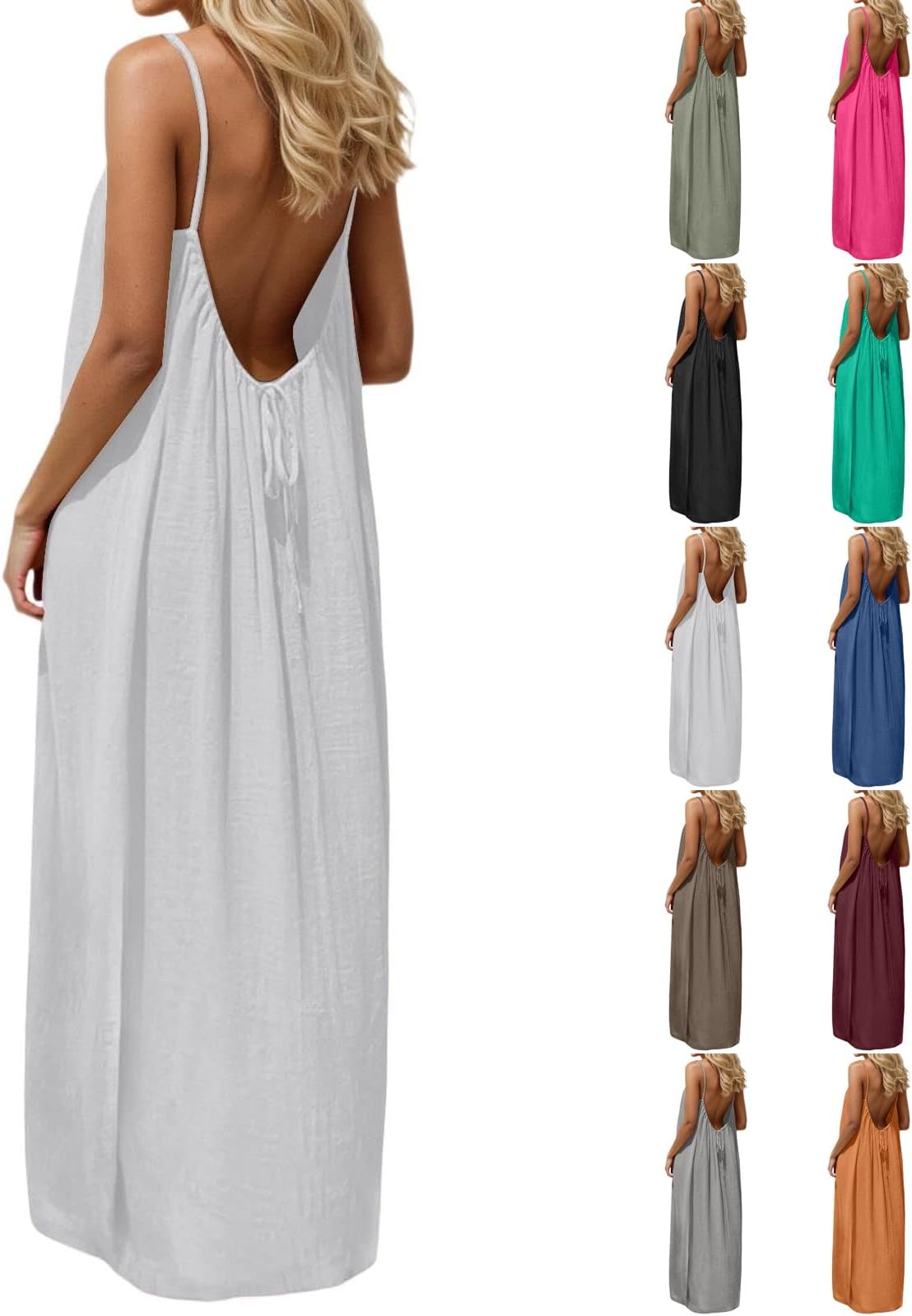 Womens Solid Color Backless Cami Dress Flowy Low Back House Dress Lounge Plus Size Maxi Dresses Summer Linen Sundress