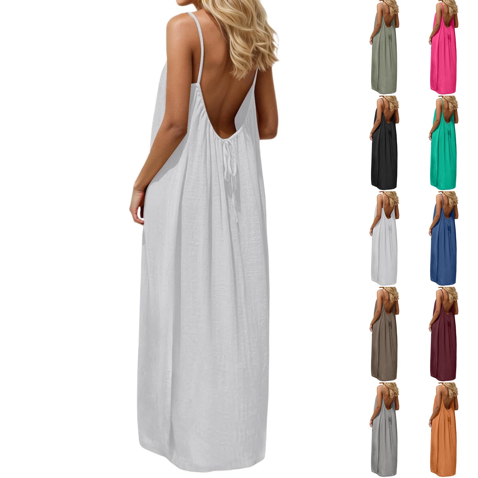Womens Solid Color Backless Cami Dress Flowy Low Back House Dress Lounge Plus Size Maxi Dresses Summer Linen Sundress