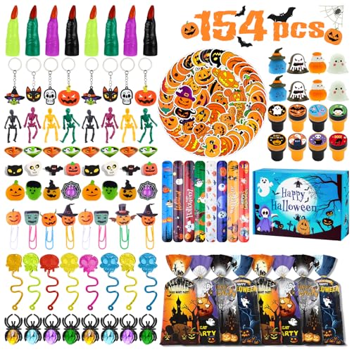 PUWOWYE Gadget Halloween, 154 Pezzi Decorazioni e Regalini per Bambini con Braccialetti Slap, Timbri Animali e Confezione