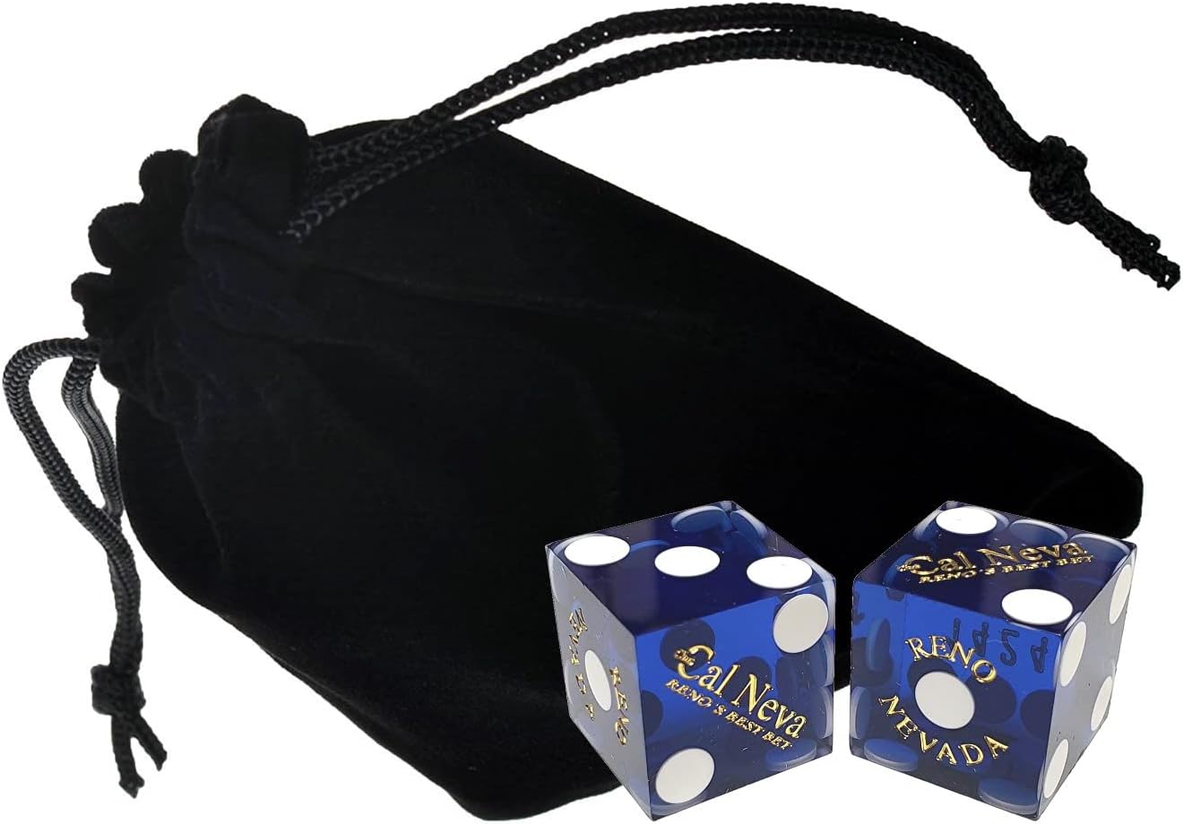Genuine Cal Neva Reno Casino Dice Blue Polished w/Pouch + Craps Dealer 36" Rattan Dice Stick (Cyber-Deals Bundle)