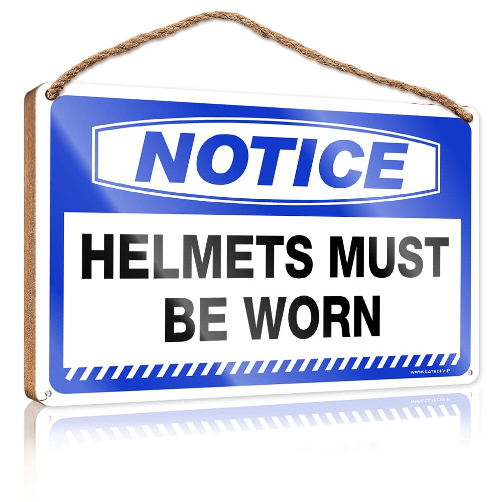 FZFN Hanging Plaque Sign Notice Helmets Must Be Worn Wooden Sign Wood Home Sign Outdoor Wooden Signs(20X30CM)