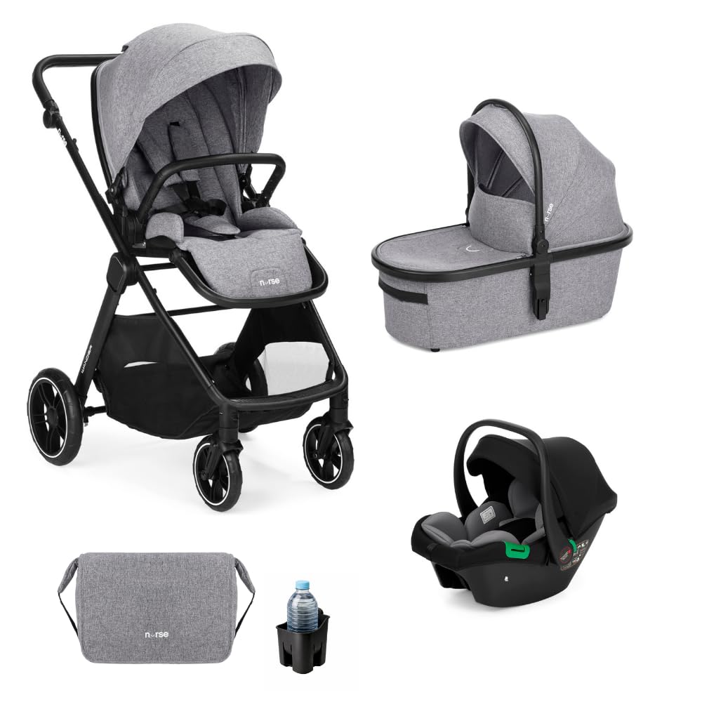 Nurse Wander Trio Carrito de Bebé 3 en 1, Capazo, Silla de Paseo y Silla de Coche i-Size, Plegado Compacto, con Accesorios, Gris
