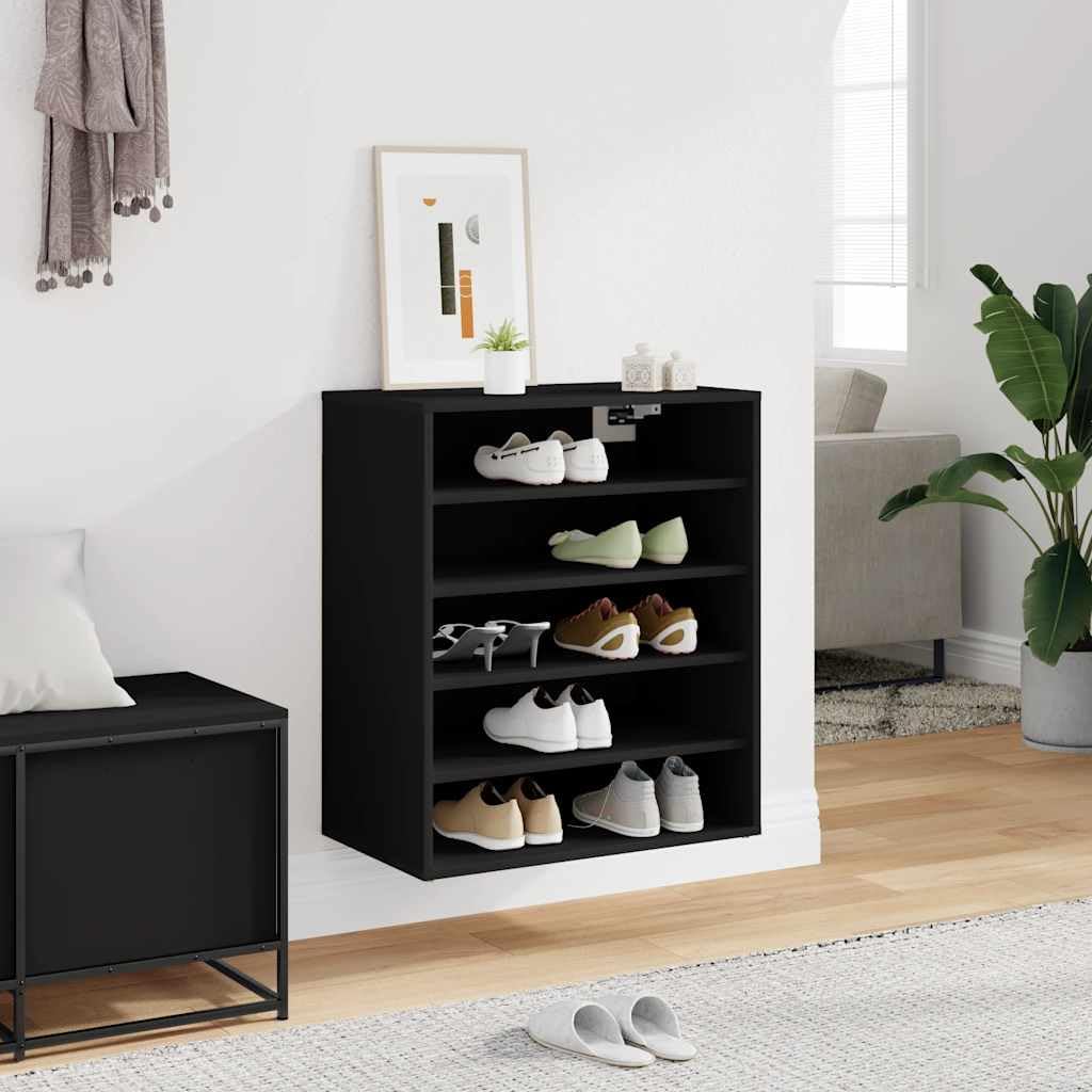 Zapatero negro 60 x 35 x 70 cm de madera con 5 estantes, organizador de zapatos para montaje en suelo o pared, fácil de limpiar