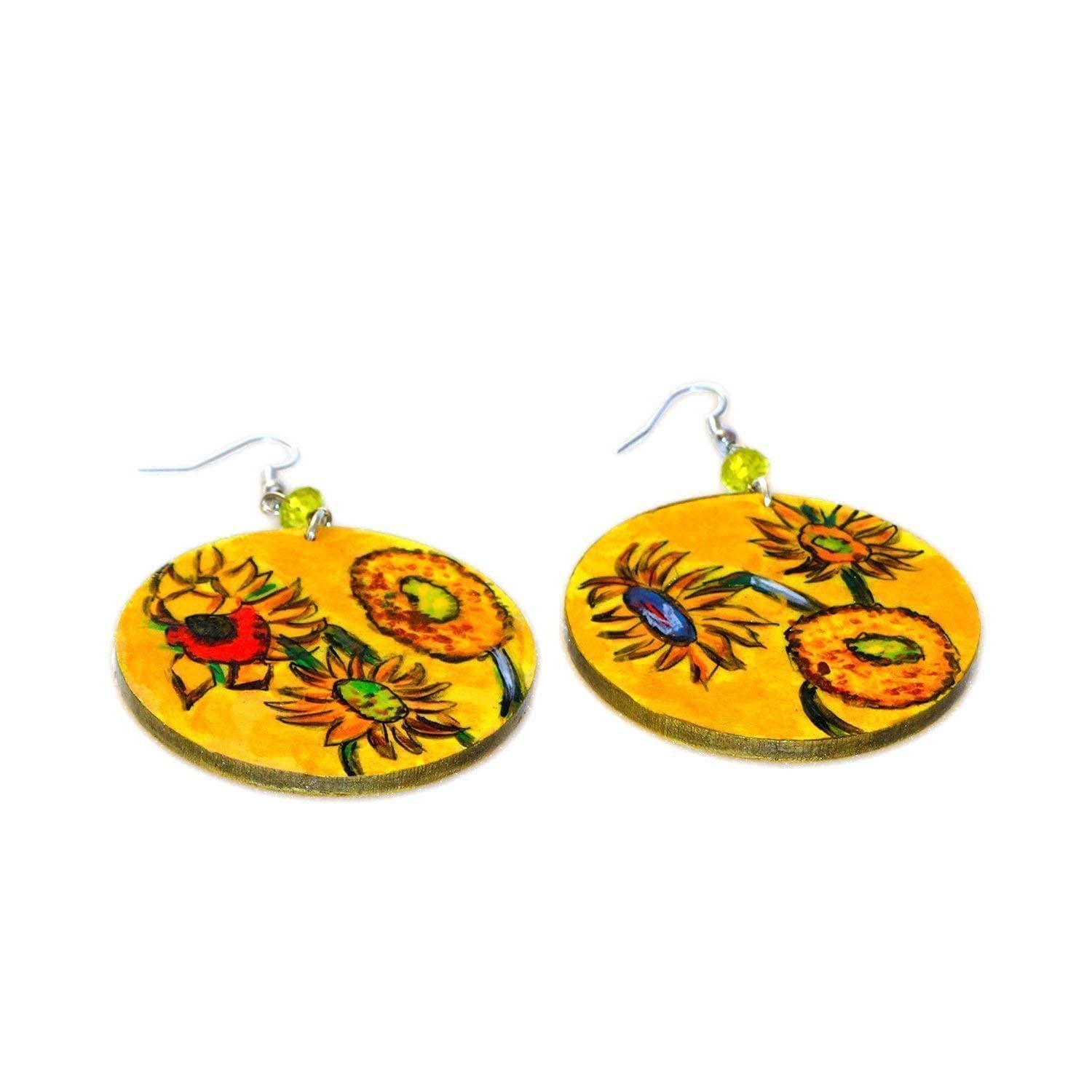 Boucles d'oreilles peintes à la main - LES TOURNESOLS TABLEAU CÉLÈBRE - Boucles d'oreilles pour femmes, Bijoux en bois peint, Crochet en argent, Made in Italy, Bijoux, Artisanat