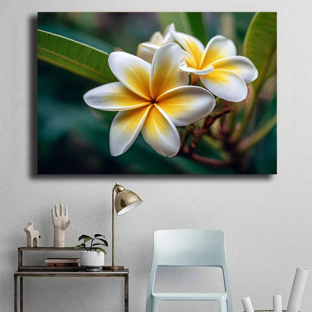 WUFIEA florales Impresiones en lienzo con motivos frangipani Para sala de estar, sala de yoga, baño, dormitorio, oficina（amarillo-70x100cm Enmarcado