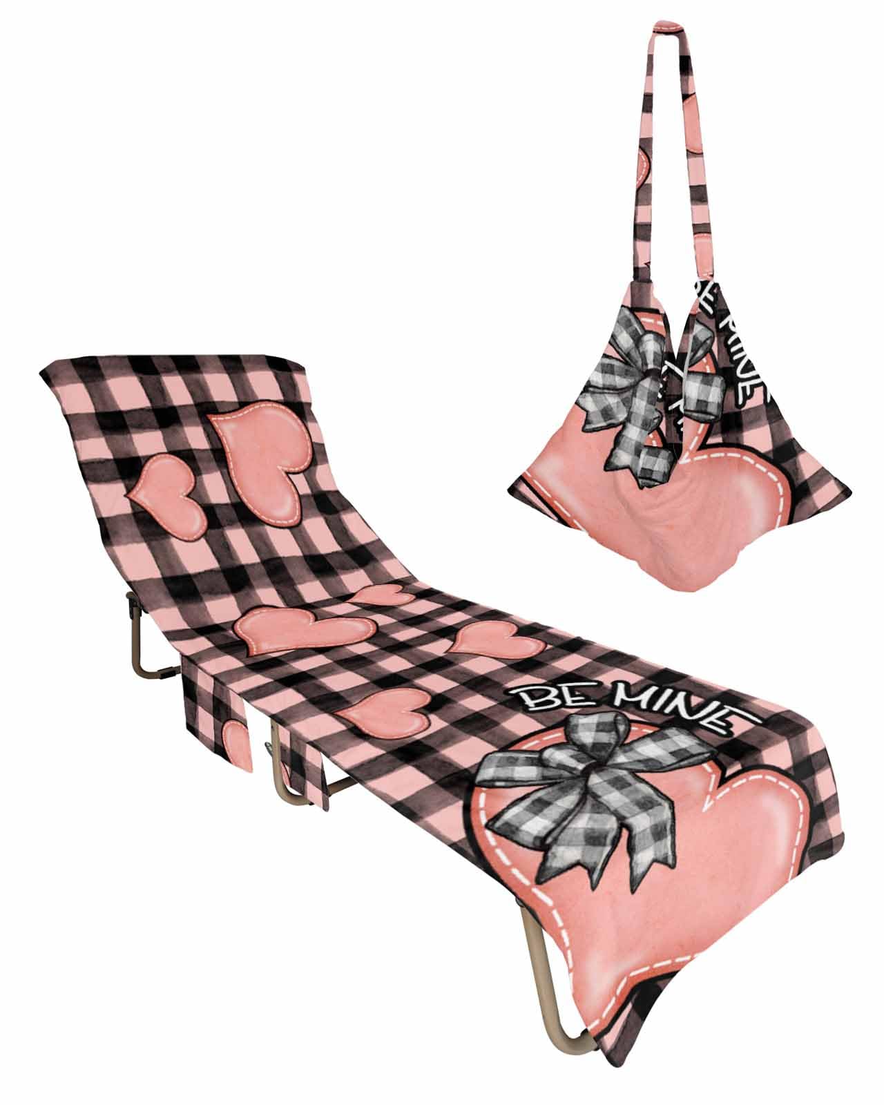 Pink Love Heart Valentines Beach Lounge Chair Towel Cover, Soft Chaise Lounge Towel with Side Pockets Patio Pool Chairs Cover for Beach/Pool Sunbathing 29x85 Watercolor Black Pink Plaid