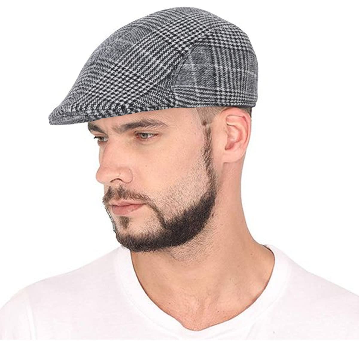 RR DESIGNIvry/Golf/Flat Tweed Caps/Hats(with & Without Earflaps) for Men-Pack of 1-Free Size- Assorted Patterns, Light Grey Tartan Pattern, One Size