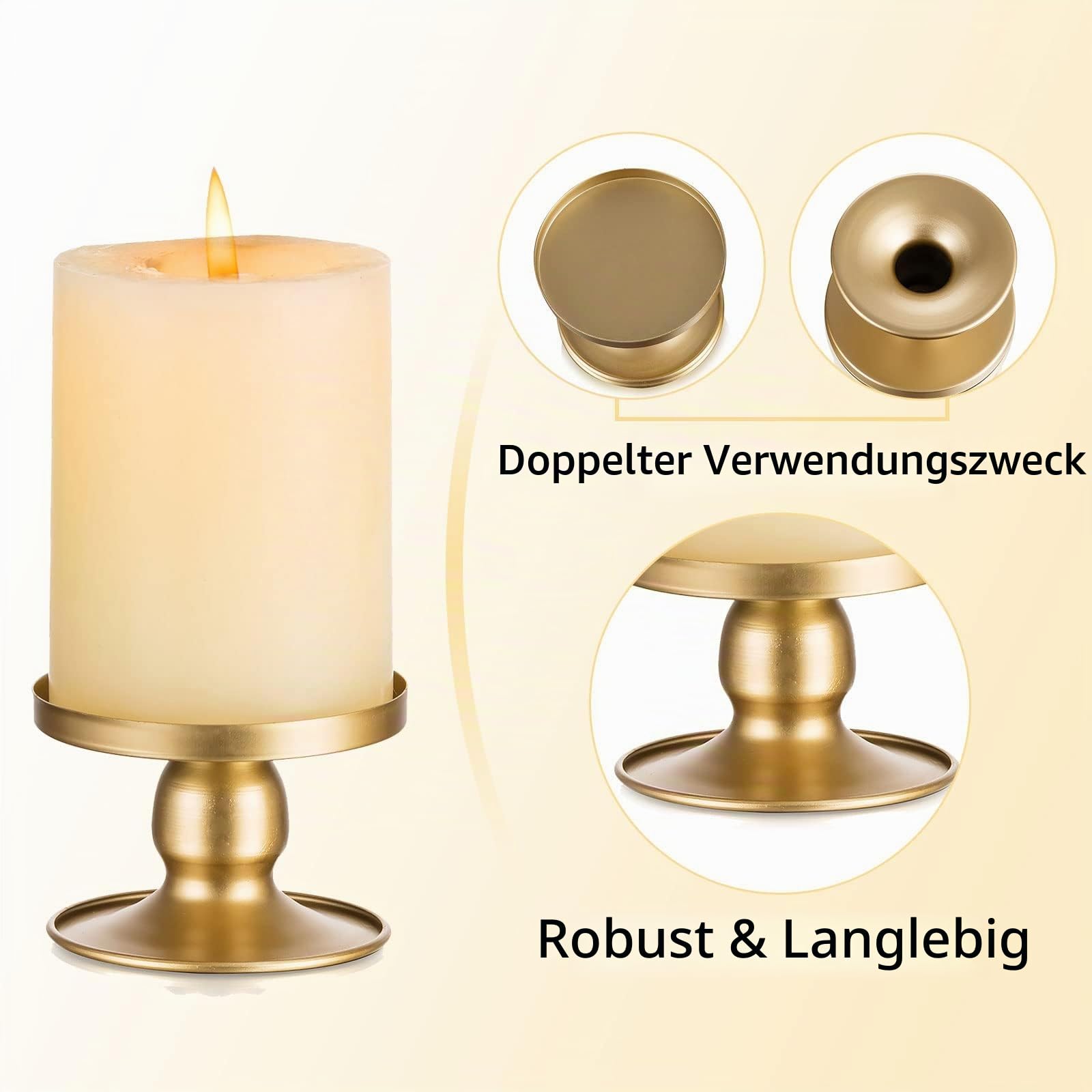 Romadedi Kerzenständer für Stab- und Stumpenkerzen, 12er-Pack, Gold | Beidseitig nutzbar, 5,6 cm hoch; für Stabkerzen bis Ø 2,2 cm und Stumpenkerzen bis Ø 7,6 cm; aus goldfarbenem Metall