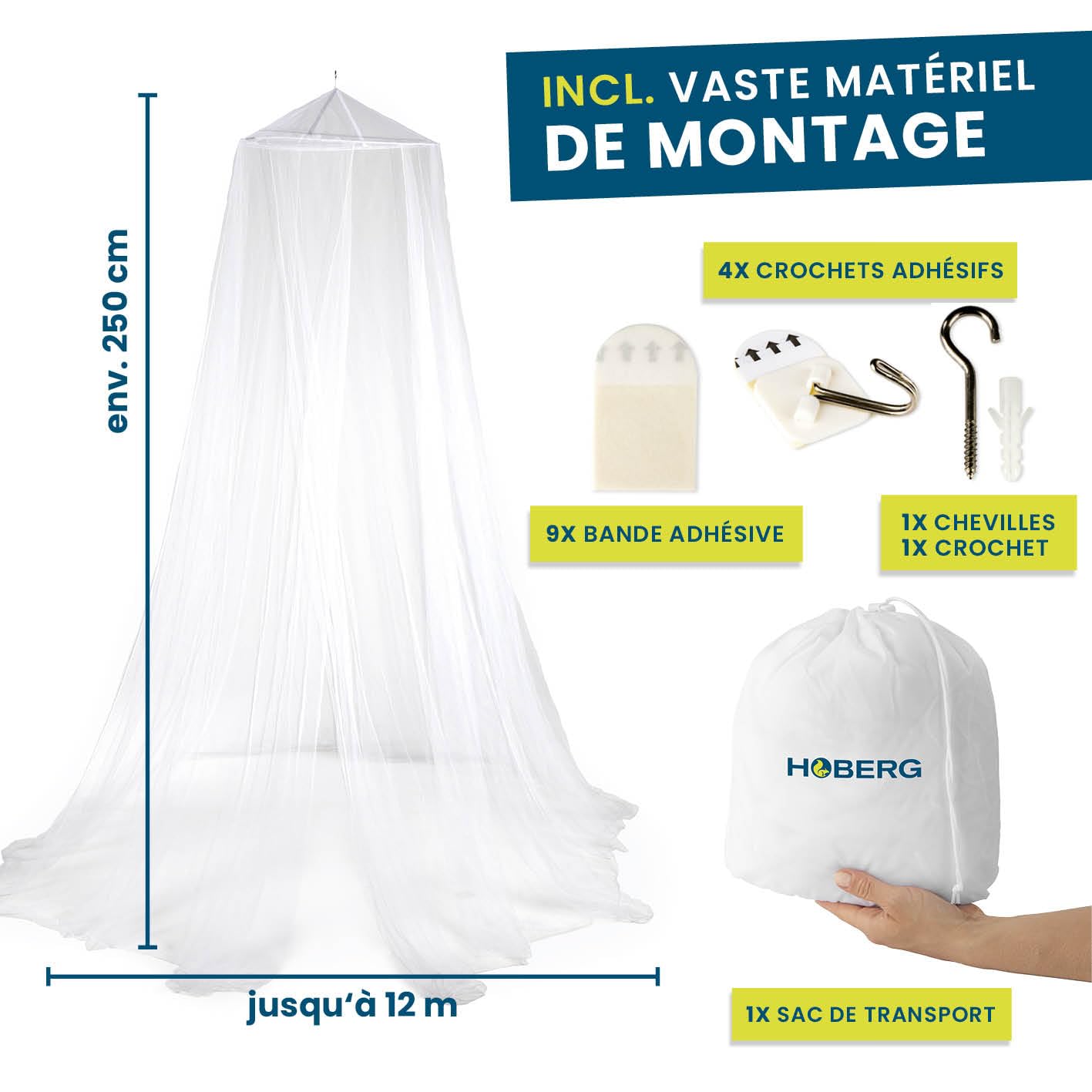 HOBERG Moustiquaire de Voyage | Moustiquaire XXL pour lit bébé, lit Simple et lit Double | Tente moustiquaire d'extérieur 400 Mesh pour Balcon | Auvent Anti-Insectes à Coller ou à Visser - 60 cm Ø