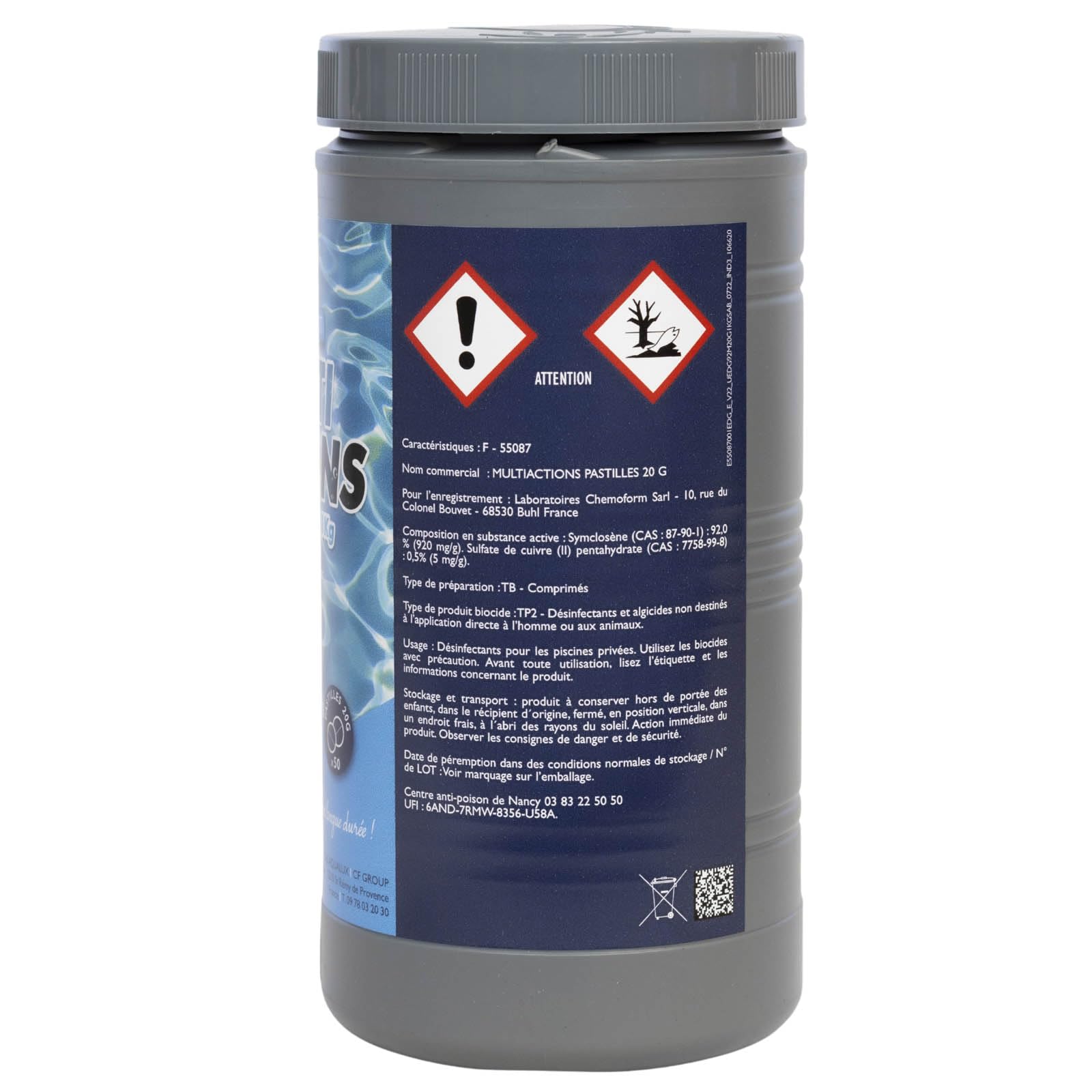 Chlore Multi Actions Piscine - Pastilles 20g - Traitement Longue Durée Désinfectant Multi Fonctions - Boite 1 kg