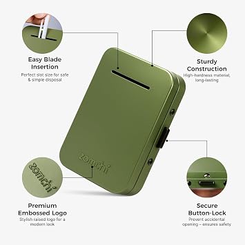 ZOMCHI Razor Blade Bank for Used Double Edge Blades, Olive Green | Metal container, slot opening, compact size, helps collect used double edge blades, easy storage for home and travel